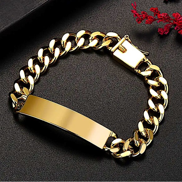 Gold Plated Name Tag Cuban Unisex Chain Link Bracelet - Picture 6 of 10